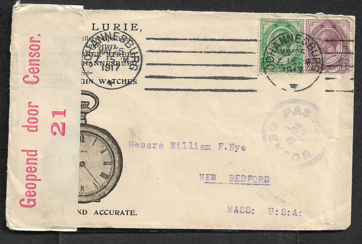 1917 Ill Adv Cover Johannesburg South Africa Elgin Watch To Usa W/censor Tape