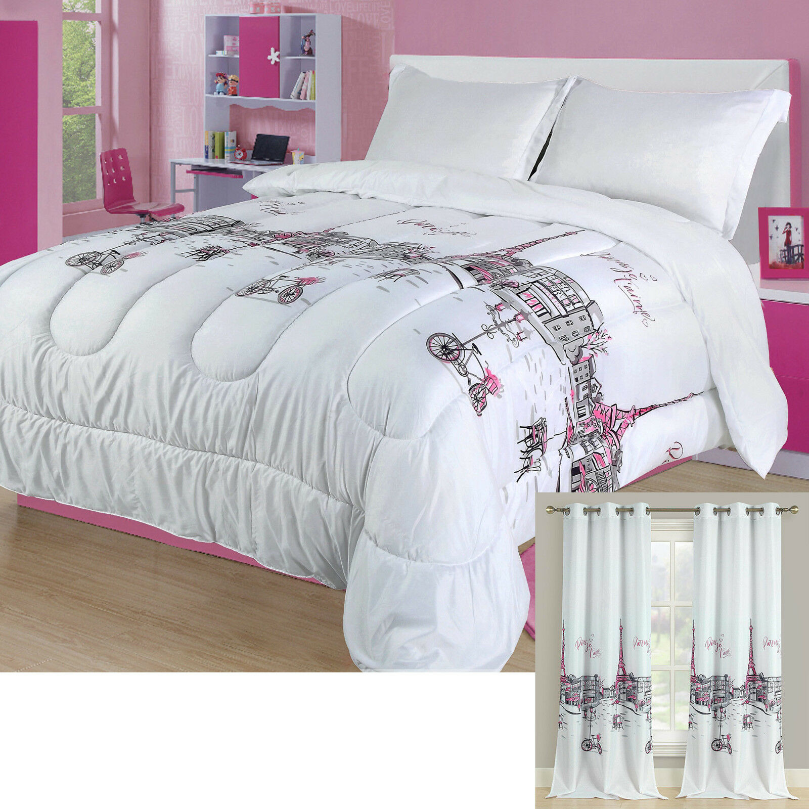 Twin, Full/queen, Or King Paris Comforter Bedding Set Pink Grey Eiffel Tower