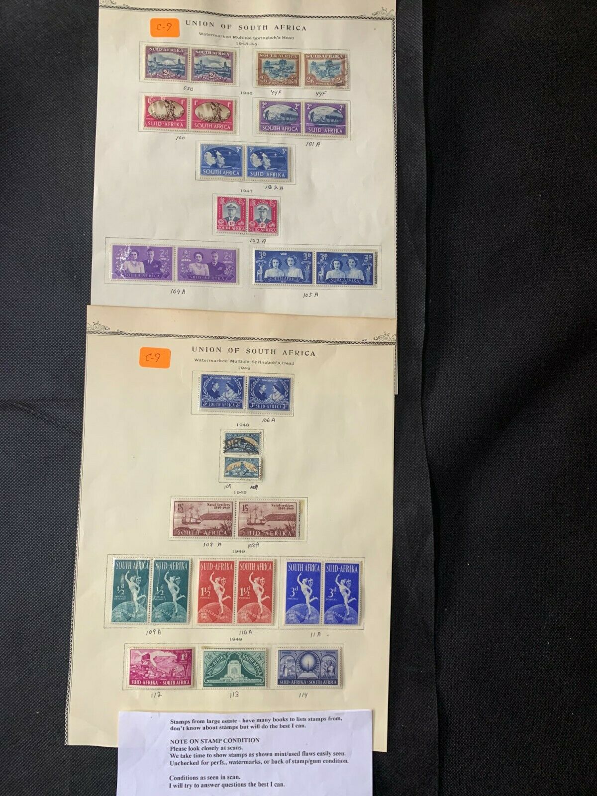 1943 1945 1947 1948 1949 Union Of South Africa Stamps Mostly Pairs 2d 2/6  + #c9