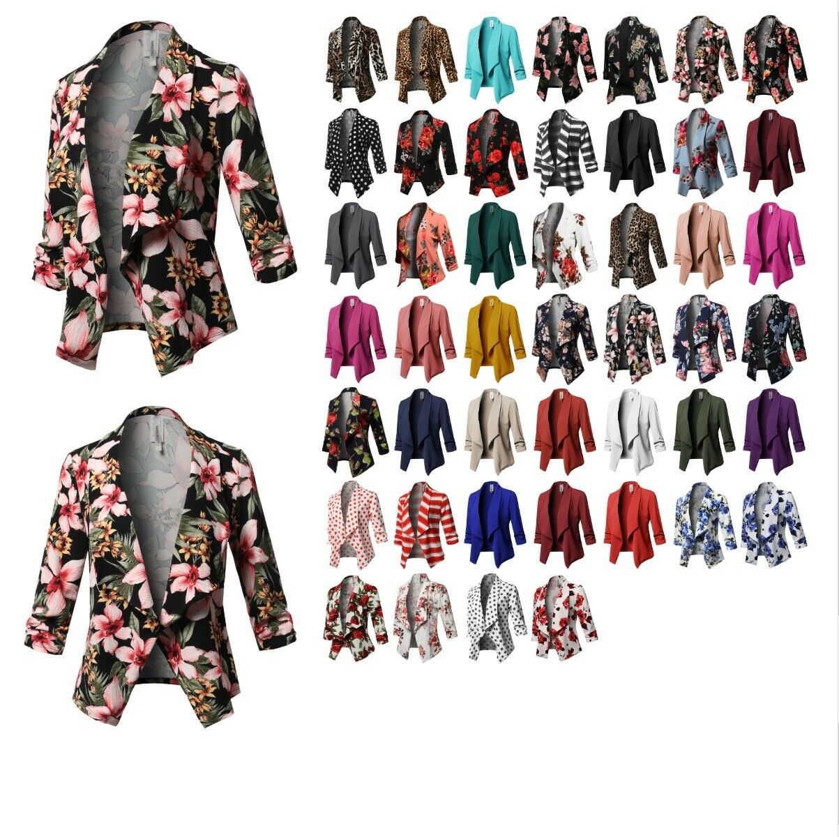 Fashionoutfit Women's Solid/print Stretch 3/4 Gathered Sleeve Open Blazer Jacket