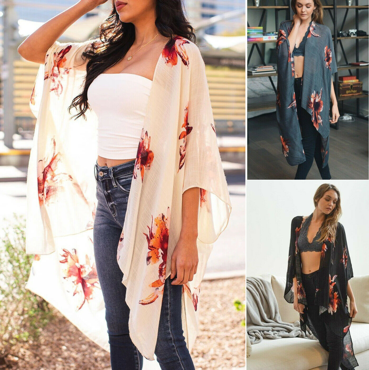 Flowy Floral Print Kimono Lightweight Long Wrap Open Front Loose Boho Cover Up