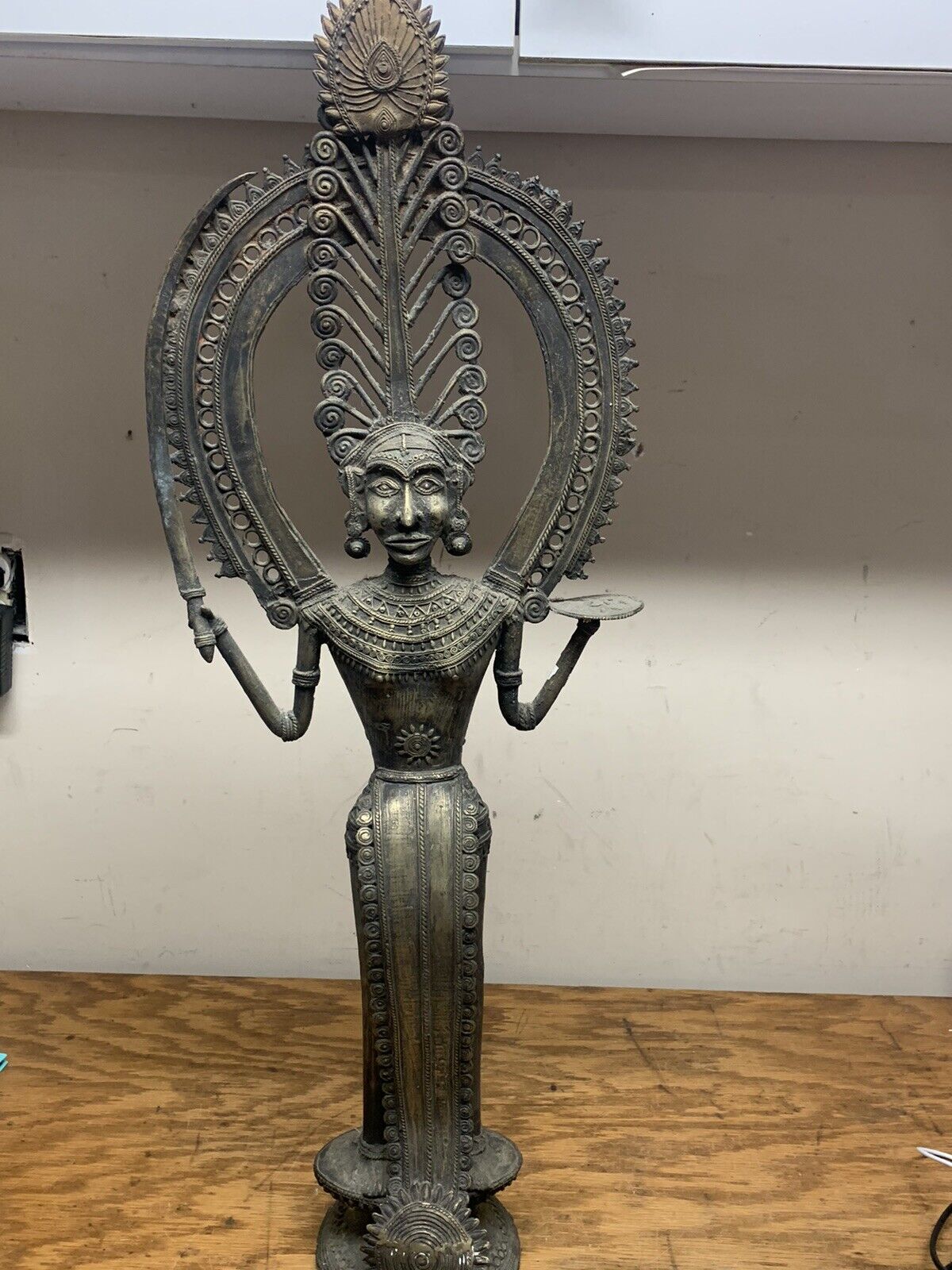 Old India Bastar Bronze Dhokra Metal Art Sculpture Hindu Deity Goddess 30”