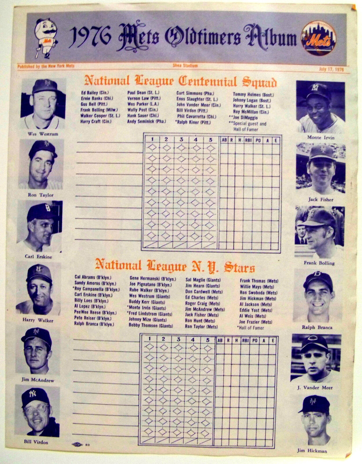 1976 Shea Stadium New York Mets 7/17/76 Old Timers Game Day Program Scorecard