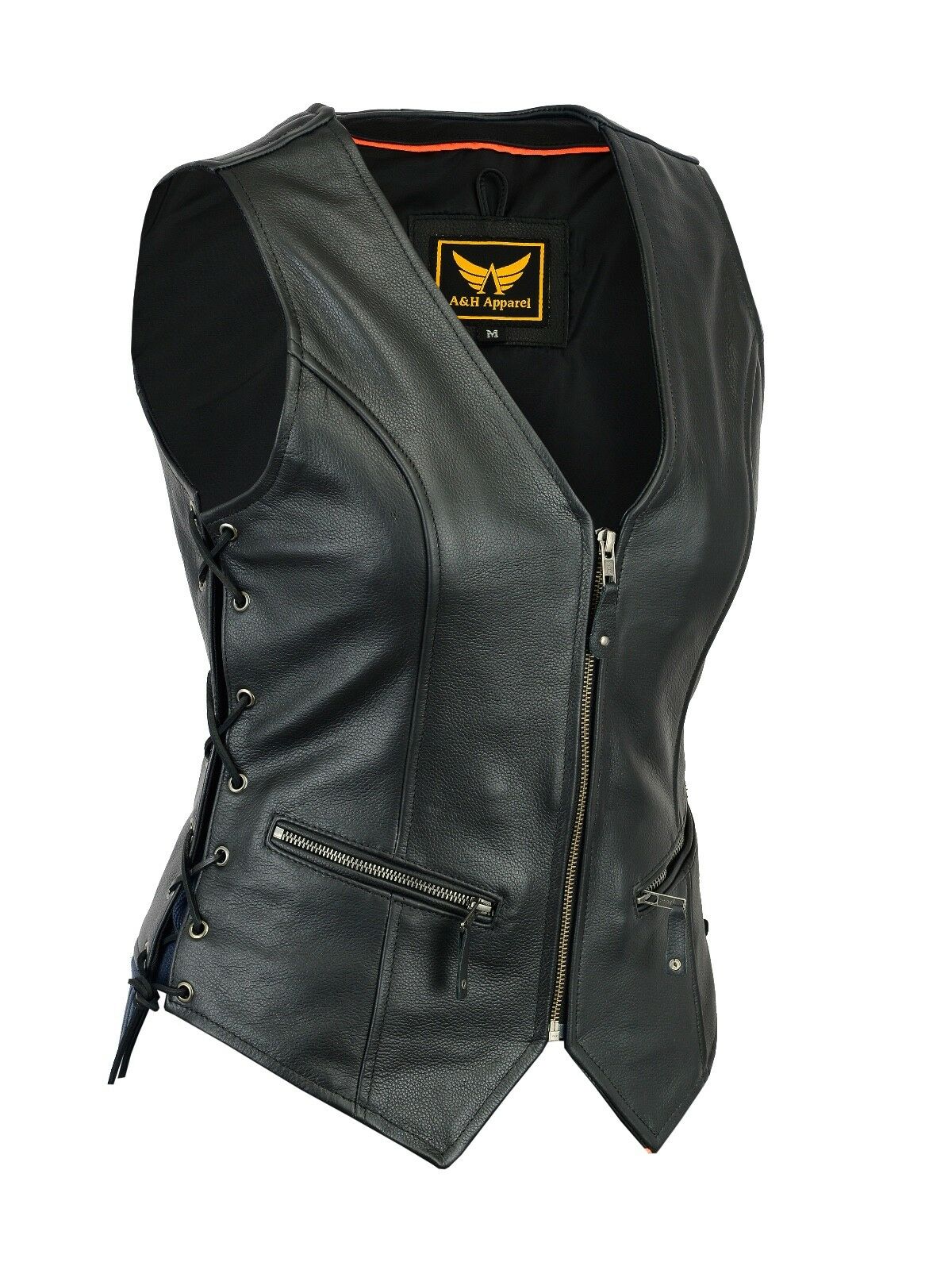 Womens Motorcycle Leather Vest Genuine Cowhide Leather Black Concealed Carry