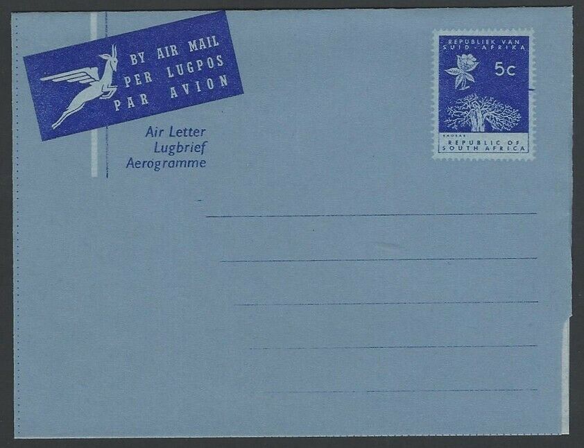 South Africa Air Letter Unused 1961 5c Dash On Stamp H&g 45a