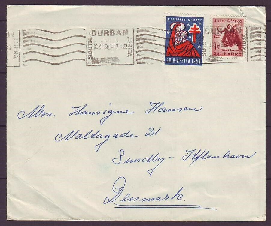 D8032/ South Africa Durban Cover T/denmark 1958 W/tb Christmas Seal Label